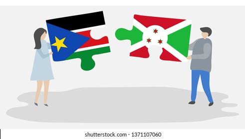 Couple holding two puzzles pieces with South Sudanese and Burundian flags. South Sudan and Burundi national symbols together.