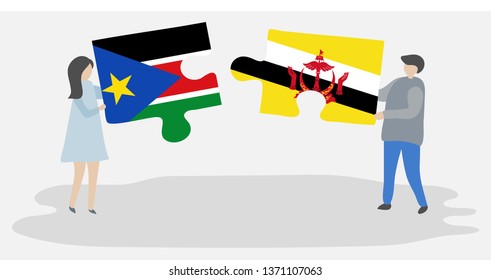 Couple holding two puzzles pieces with South Sudanese and Bruneian flags. South Sudan and Brunei national symbols together.