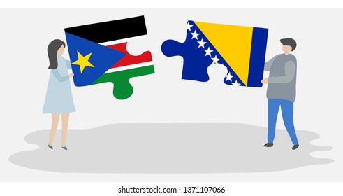 Couple holding two puzzles pieces with South Sudanese and Bosnian flags. South Sudan and Bosnia and Herzegovina national symbols together.
