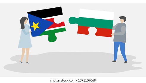 Couple holding two puzzles pieces with South Sudanese and Bulgarian flags. South Sudan and Bulgaria national symbols together.