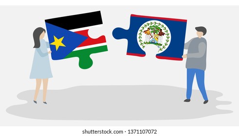 Couple holding two puzzles pieces with South Sudanese and Belizean flags. South Sudan and Belize national symbols together.