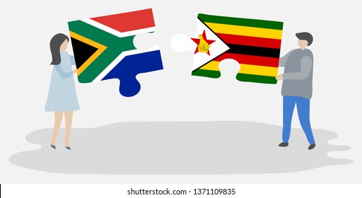 Couple holding two puzzles pieces with South African and Zimbabwean flags. South Africa and Zimbabwe national symbols together.