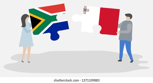 Couple holding two puzzles pieces with South African and Maltese flags. South Africa and Malta national symbols together.