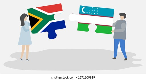 Couple holding two puzzles pieces with South African and Uzbek flags. South Africa and Uzbekistan national symbols together.