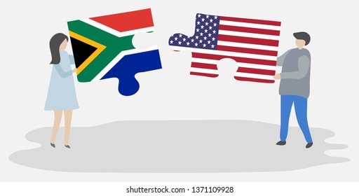 Couple holding two puzzles pieces with South African and American flags. South Africa and United States of America national symbols together.