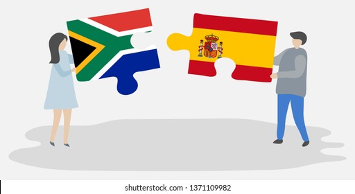 Couple holding two puzzles pieces with South African and Spanish flags. South Africa and Spain national symbols together.