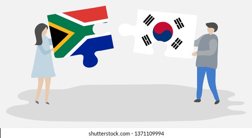 Couple holding two puzzles pieces with South African and South Korean flags. South Africa and South Korea national symbols together.