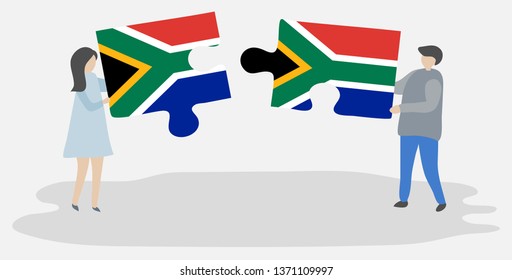 Couple holding two puzzles pieces with South African and South African flags. South Africa and South Africa national symbols together.