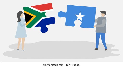 Couple holding two puzzles pieces with South African and Somali flags. South Africa and Somalia national symbols together.