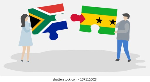 Couple holding two puzzles pieces with South African and Sao Tomean flags. South Africa and Sao Tome and Principe national symbols together.