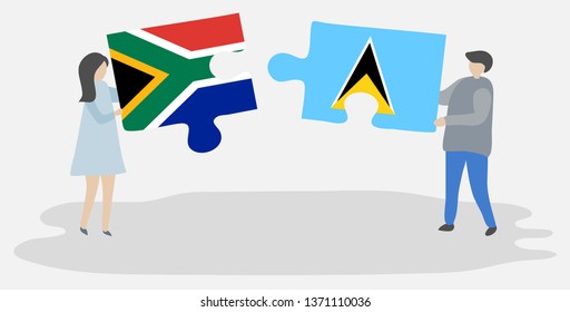 Couple holding two puzzles pieces with South African and Saint Lucian flags. South Africa and Saint Lucia national symbols together.