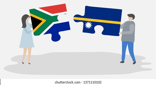 Couple holding two puzzles pieces with South African and Nauruan flags. South Africa and Nauru national symbols together.