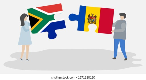 Couple holding two puzzles pieces with South African and Moldovan flags. South Africa and Moldova national symbols together.