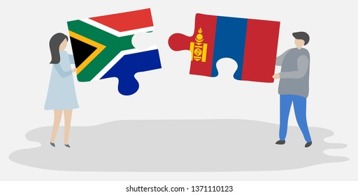 Couple holding two puzzles pieces with South African and Mongolian flags. South Africa and Mongolia national symbols together.