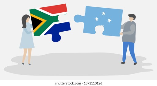 Couple holding two puzzles pieces with South African and Micronesian flags. South Africa and Micronesia national symbols together.