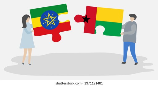 Couple holding two puzzles pieces with Ethiopian and Bissau-Guinean flags. Ethiopia and Guinea-Bissau national symbols together.
