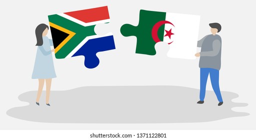 Couple holding two puzzles pieces with South African and Algerian flags. South Africa and Algeria national symbols together.