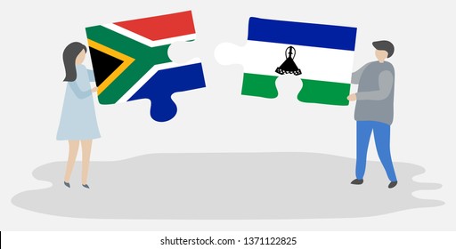 Couple holding two puzzles pieces with South African and Basotho flags. South Africa and Lesotho national symbols together.
