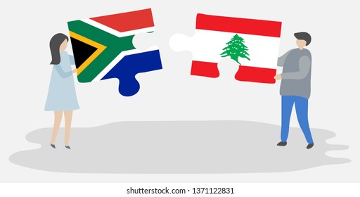 Couple holding two puzzles pieces with South African and Lebanese flags. South Africa and Lebanon national symbols together.