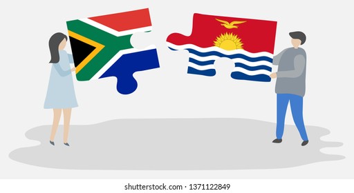 Couple holding two puzzles pieces with South African and I-Kiribati flags. South Africa and Kiribati national symbols together.