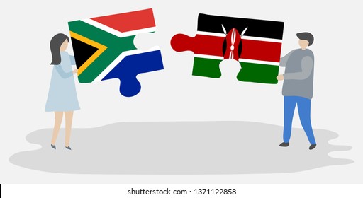 Couple holding two puzzles pieces with South African and Kenyan flags. South Africa and Kenya national symbols together.