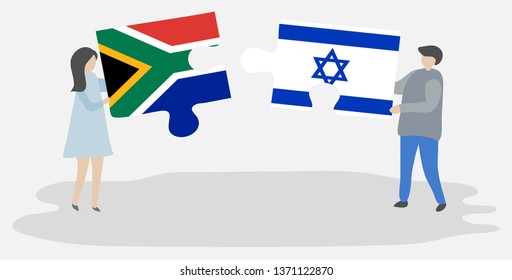 Couple holding two puzzles pieces with South African and Israeli flags. South Africa and Israel national symbols together.