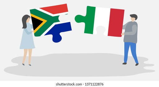 Couple holding two puzzles pieces with South African and Italian flags. South Africa and Italy national symbols together.