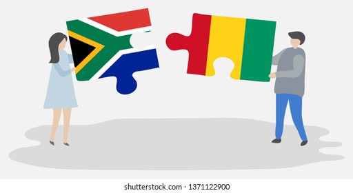 Couple holding two puzzles pieces with South African and Guinean flags. South Africa and Guinea national symbols together.