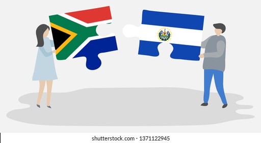Couple holding two puzzles pieces with South African and Salvadoran flags. South Africa and El Salvador national symbols together.