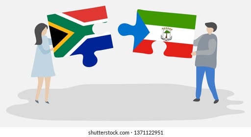 Couple holding two puzzles pieces with South African and Equatorial Guinean flags. South Africa and Equatorial Guinea national symbols together.