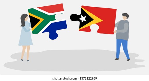 Couple holding two puzzles pieces with South African and Timorese flags. South Africa and East Timor national symbols together.