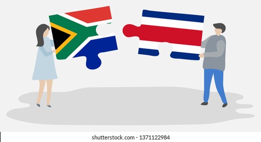Couple holding two puzzles pieces with South African and Costa Rican flags. South Africa and Costa Rica national symbols together.