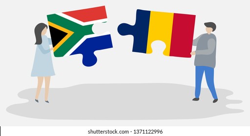 Couple holding two puzzles pieces with South African and Chadian flags. South Africa and Chad national symbols together.