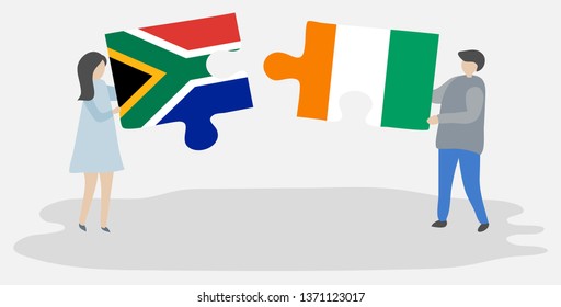 Couple holding two puzzles pieces with South African and Ivorian flags. South Africa and Ivory Coast national symbols together.