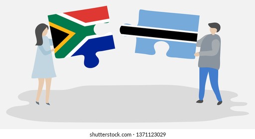 Couple holding two puzzles pieces with South African and Motswana flags. South Africa and Botswana national symbols together.