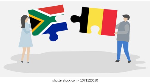 Couple holding two puzzles pieces with South African and Belgian flags. South Africa and Belgium national symbols together.
