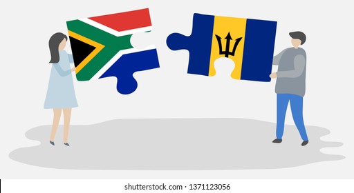 Couple holding two puzzles pieces with South African and Barbadian flags. South Africa and Barbados national symbols together.