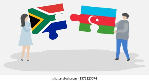 Couple holding two puzzles pieces with South African and Azerbaijani flags. South Africa and Azerbaijan national symbols together.