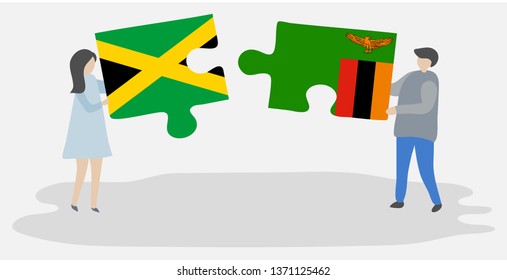 Couple holding two puzzles pieces with Jamaican and Zambian flags. Jamaica and Zambia national symbols together.