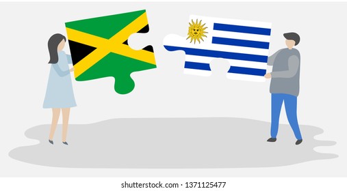 Couple holding two puzzles pieces with Jamaican and Uruguayan flags. Jamaica and Uruguay national symbols together.