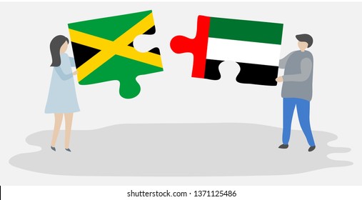Couple holding two puzzles pieces with Jamaican and Emirian flags. Jamaica and United Arab Emirates national symbols together.