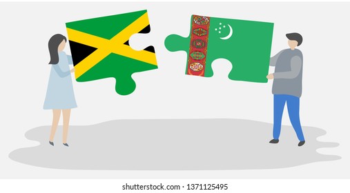 Couple holding two puzzles pieces with Jamaican and Turkmen flags. Jamaica and Turkmenistan national symbols together.