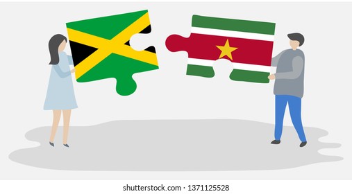 Couple holding two puzzles pieces with Jamaican and Surinamese flags. Jamaica and Suriname national symbols together.