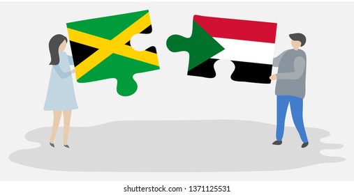 Couple holding two puzzles pieces with Jamaican and Sudanese flags. Jamaica and Sudan national symbols together.