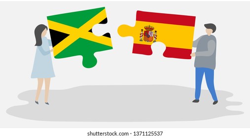 Couple holding two puzzles pieces with Jamaican and Spanish flags. Jamaica and Spain national symbols together.
