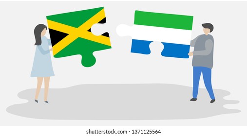 Couple holding two puzzles pieces with Jamaican and Sierra Leonean flags. Jamaica and Sierra Leone national symbols together.