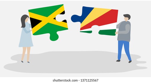 Couple holding two puzzles pieces with Jamaican and Seychellois flags. Jamaica and Seychelles national symbols together.