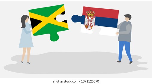 Couple holding two puzzles pieces with Jamaican and Serbian flags. Jamaica and Serbia national symbols together.