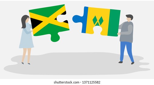 Couple holding two puzzles pieces with Jamaican and Vincentian flags. Jamaica and Saint Vincent and the Grenadines national symbols together.