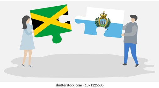 Couple holding two puzzles pieces with Jamaican and Sammarinese flags. Jamaica and San Marino national symbols together.